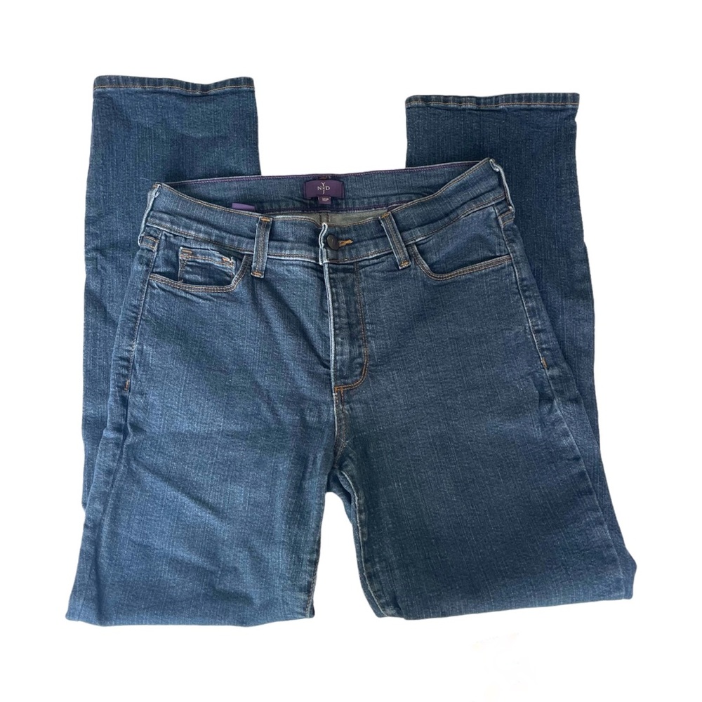 NYDJ Straight Leg Dark Blue Wash Jeans Womens 10P Petite Stretch High Rise